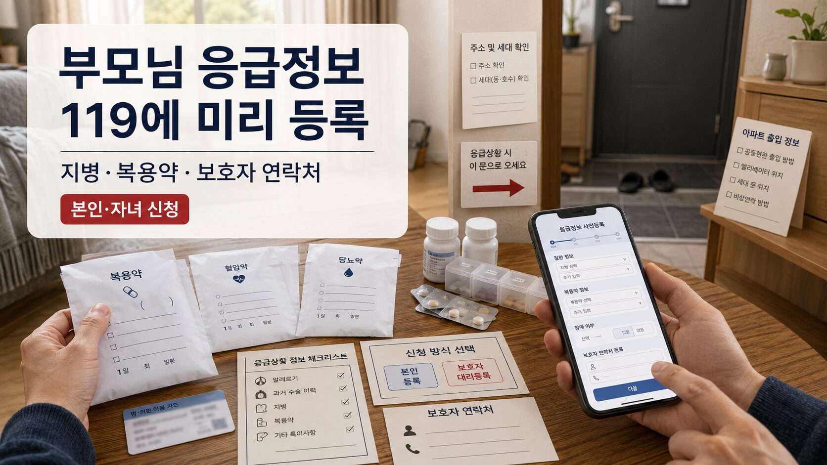 119 안심콜 등록을 위해 부모님 지병과 복용약, 주소와 보호자 연락처를 미리 확인하는 이미지