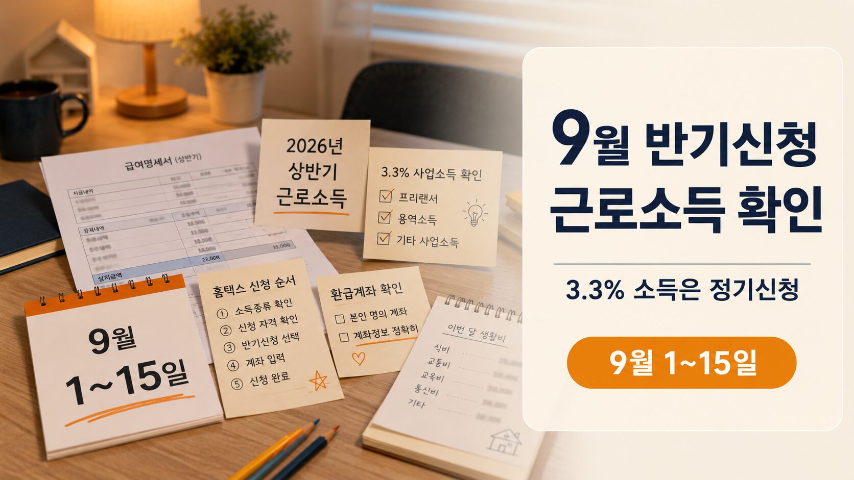 2026 근로장려금 반기신청을 위해 9월 신청기간과 상반기 근로소득, 3.3퍼센트 프리랜서 소득 여부를 확인하는 이미지