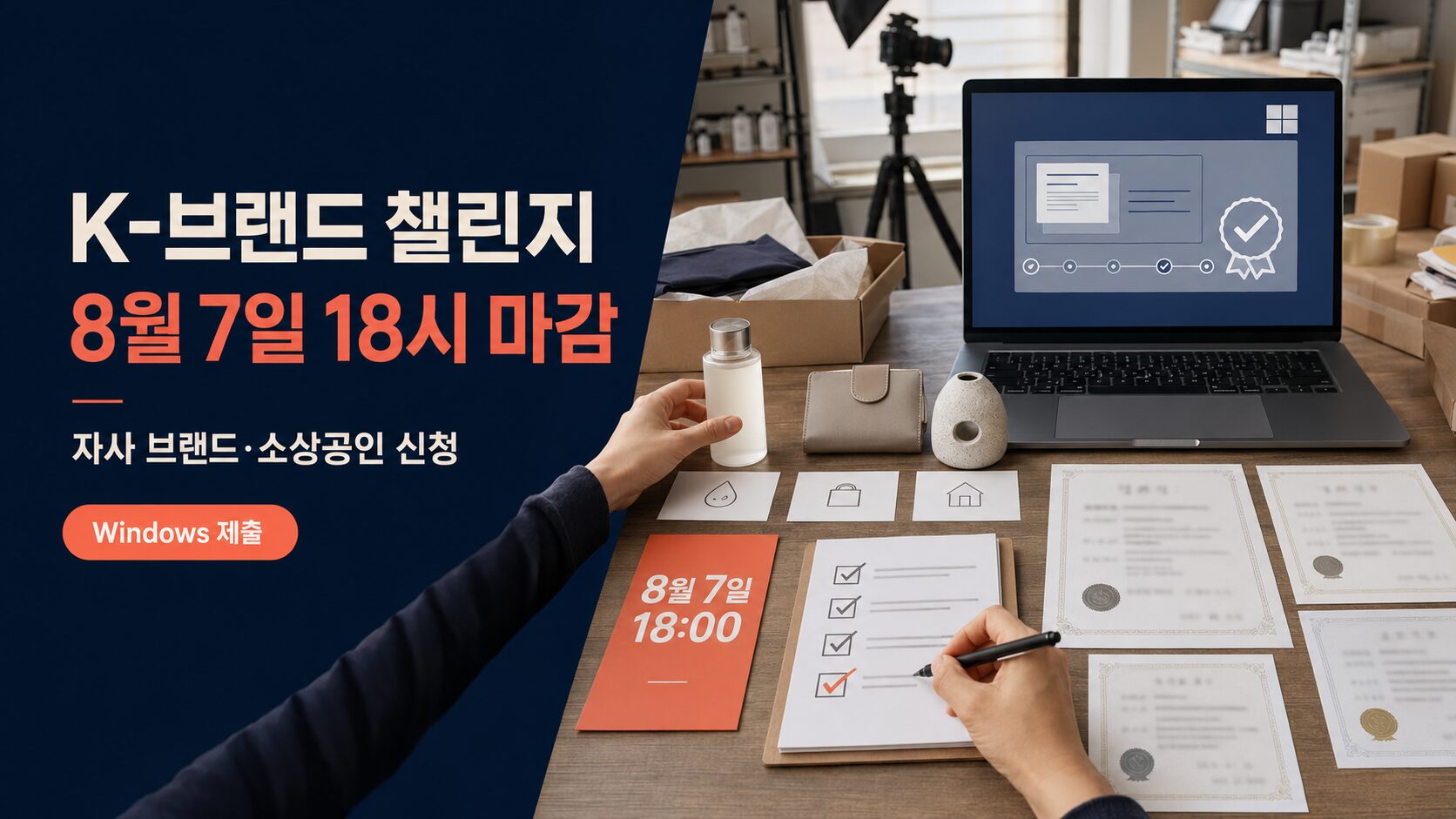 K-브랜드 챌린지 신청 전 자사 브랜드 소상공인이 전략서와 중소기업확인서, 납세증명서 및 Windows 제출환경을 점검하는 이미지