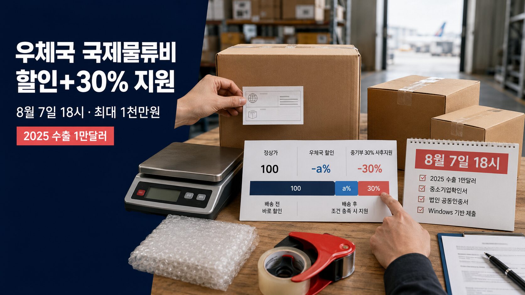 2026 우체국 국제물류비 지원 EMS 할인과 정상가 30% 사후지원, 8월 7일 신청기한을 확인하는 이미지