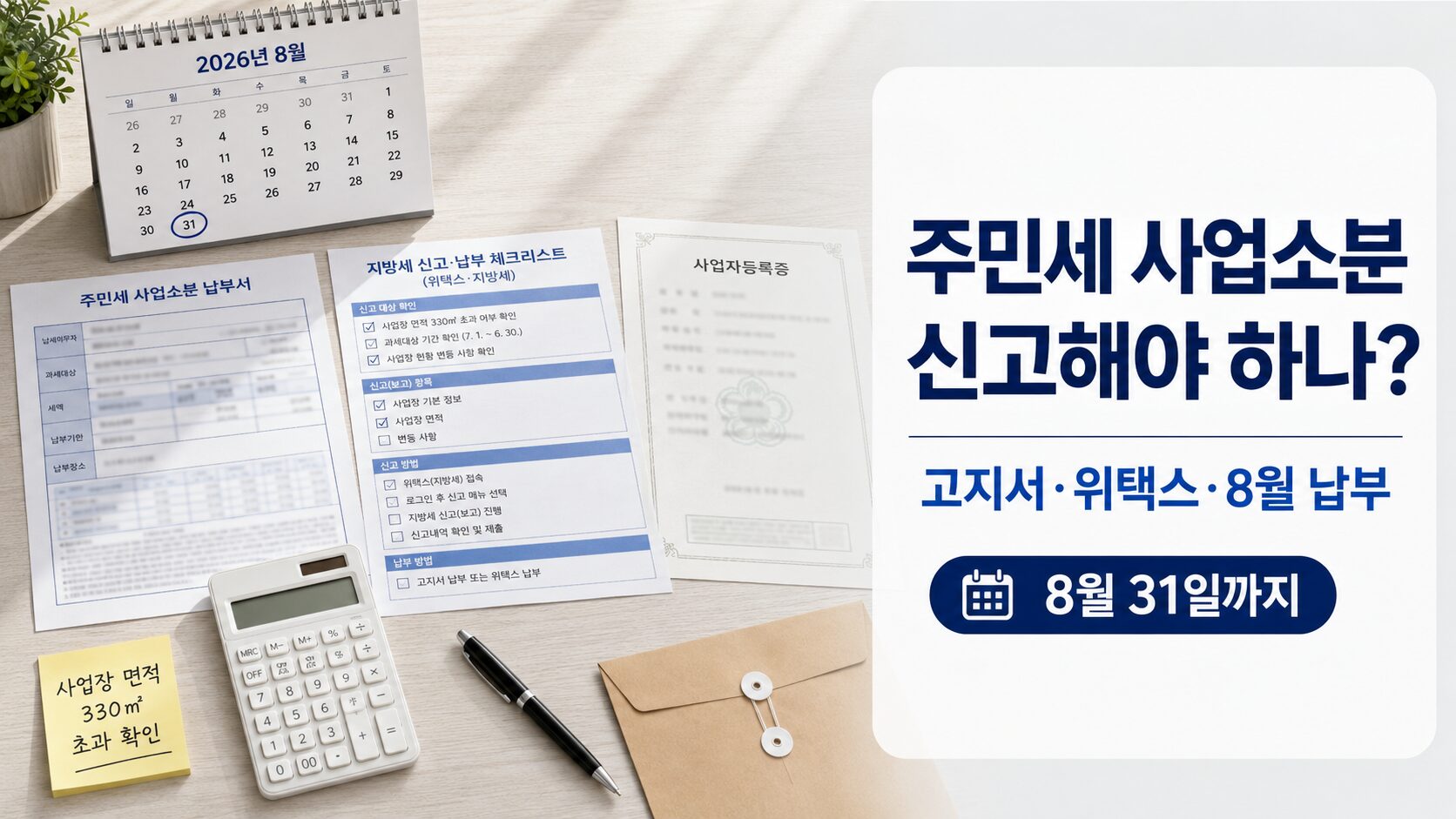 2026 주민세 사업소분 신고납부를 위해 고지서와 위택스 신고 여부, 사업장 면적을 확인하는 이미지