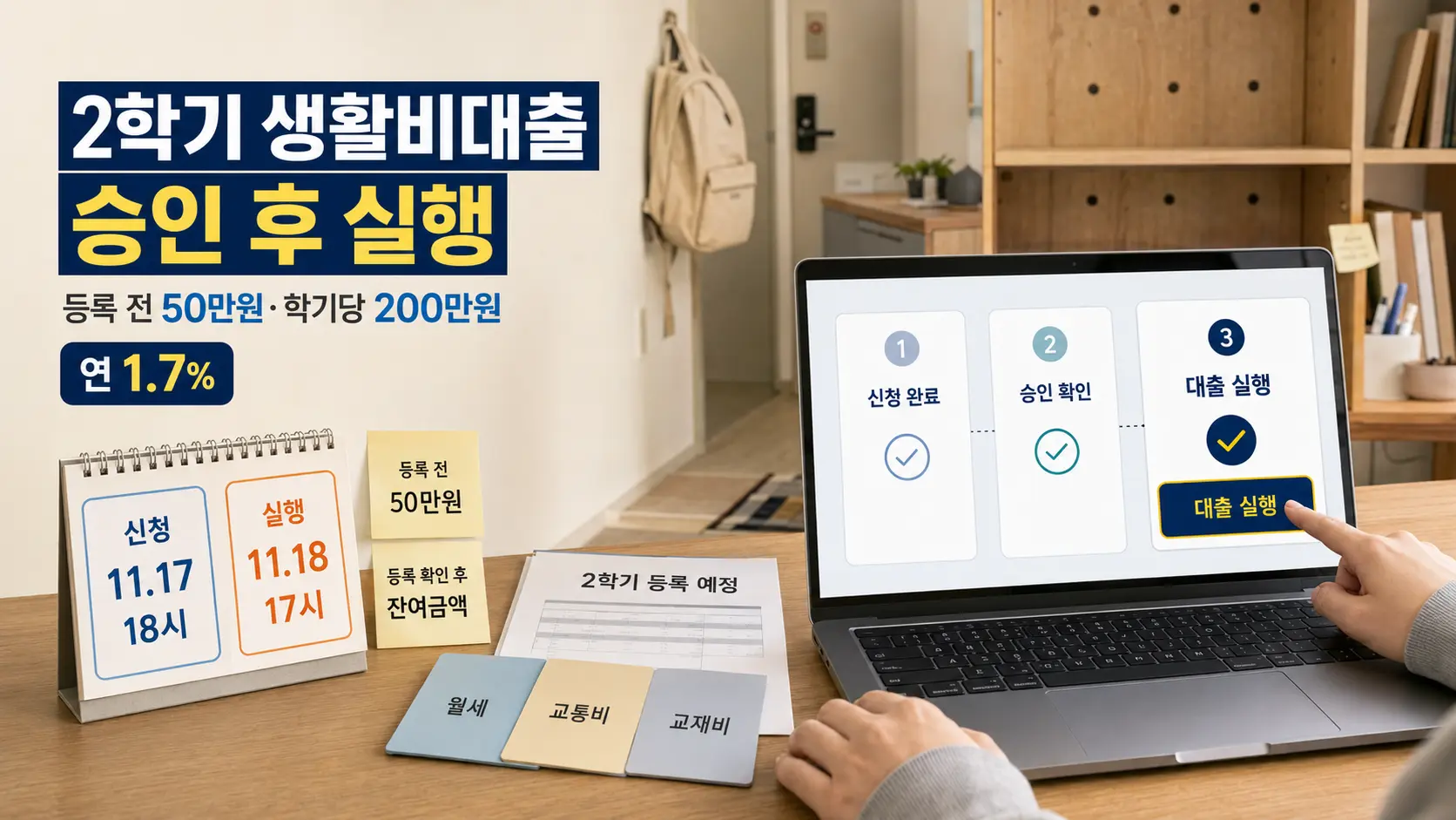 2026 2학기 생활비대출 신청 후 승인 상태와 등록 전 50만원 우선대출, 평일 실행시간을 확인하는 이미지