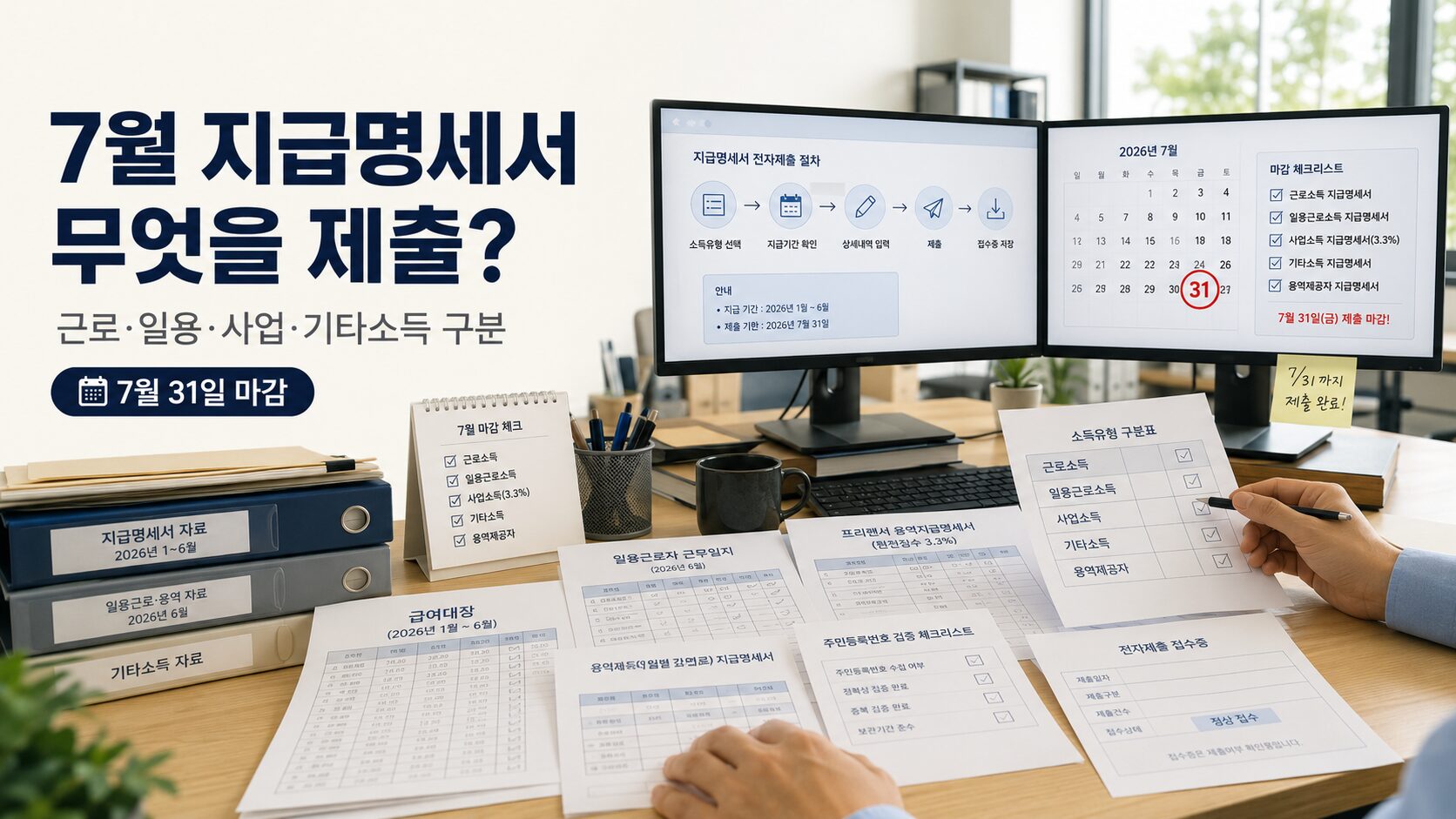 2026 간이지급명세서 제출을 위해 근로소득과 사업·기타·일용소득의 7월 31일 제출대상을 확인하는 이미지