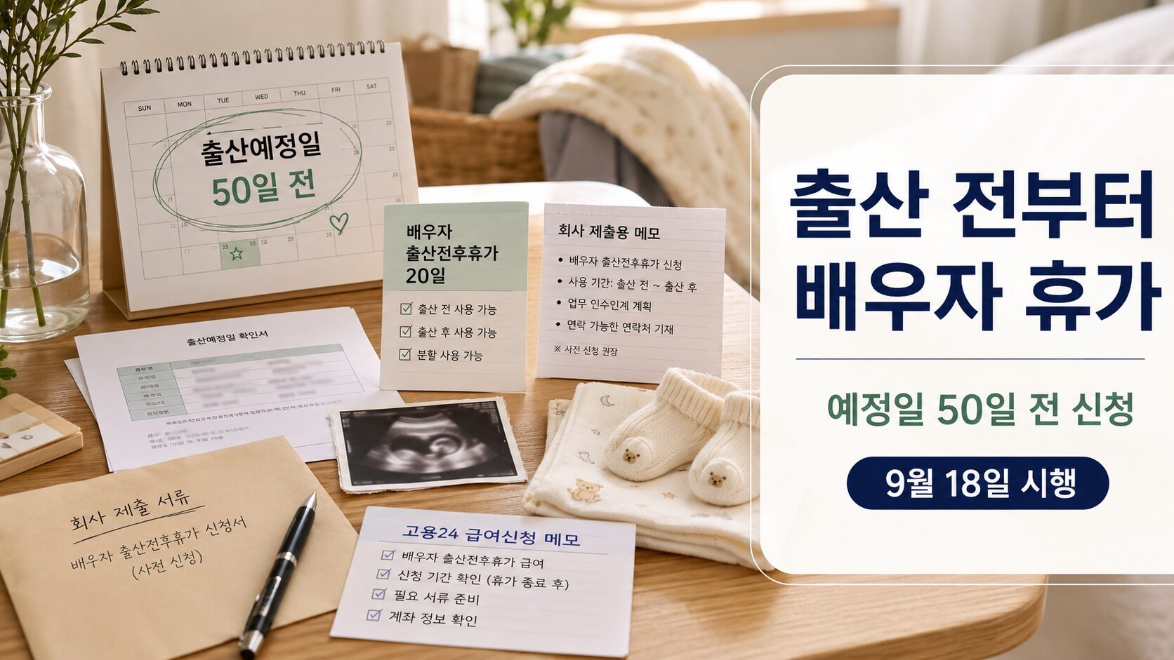 2026 출산 전 배우자 출산휴가 신청을 위해 출산예정일 50일 전 서류와 20일 휴가 계산을 확인하는 이미지