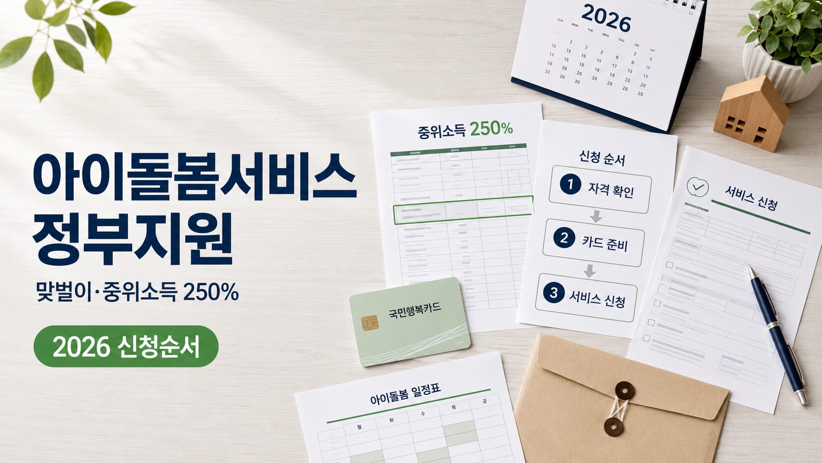 2026 아이돌봄서비스 맞벌이 정부지원 신청을 위해 중위소득 250퍼센트 기준과 국민행복카드, 서비스 신청 순서를 확인하는 이미지