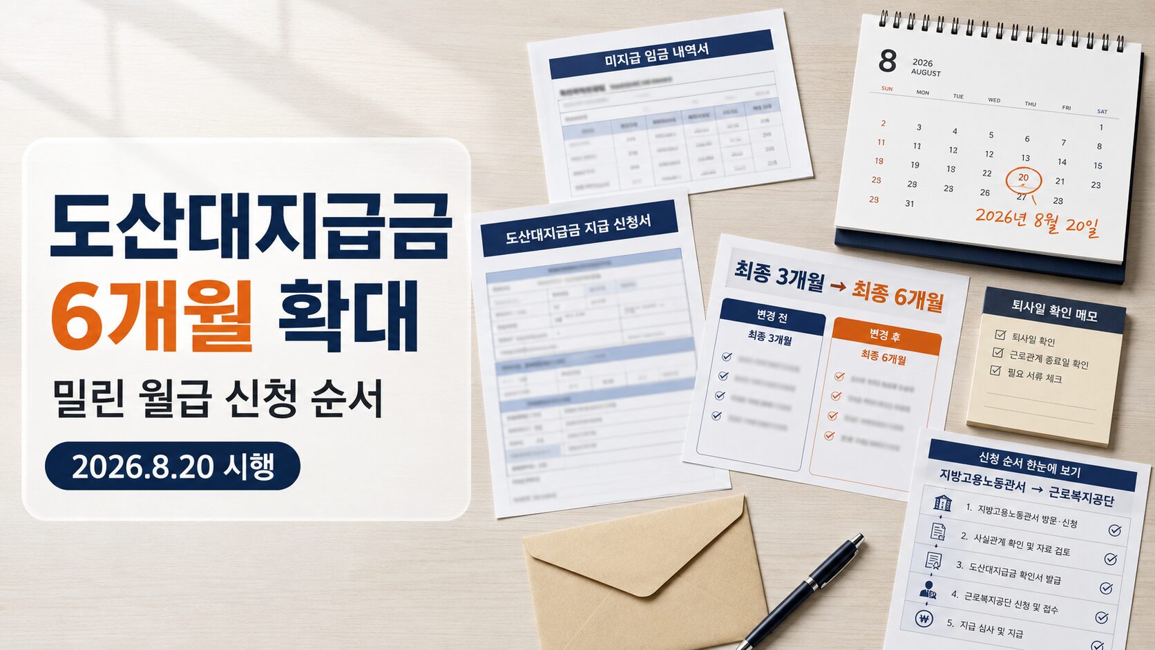 도산대지급금 신청을 위해 체불임금 내역서와 2026년 8월 20일 확대 기준, 3개월과 6개월 비교표를 확인하는 이미지