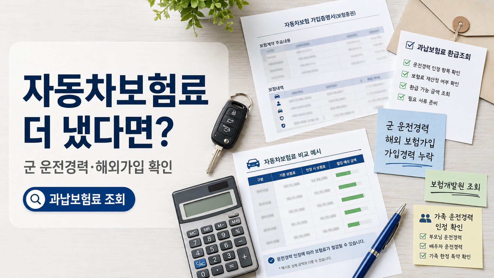 자동차보험 과납보험료 환급조회를 위해 군 운전경력과 해외 보험가입 경력, 가입경력 누락 여부를 확인하는 이미지