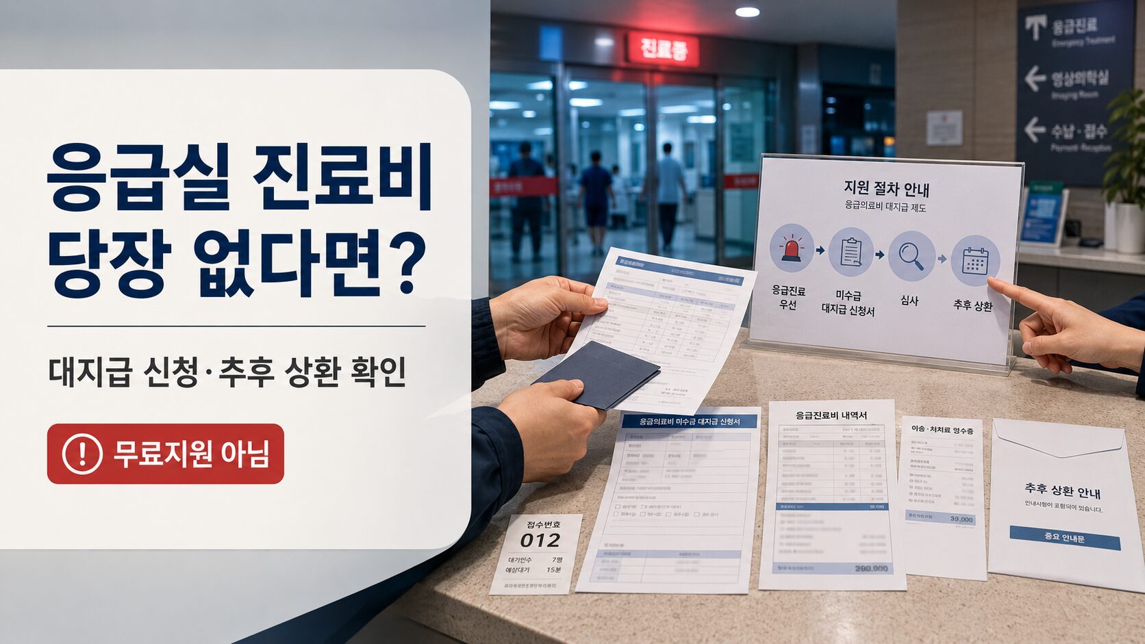 응급의료비 대지급제도 이용을 위해 응급실 원무과에서 진료비 신청과 상환방법을 확인하는 이미지응급의료비 대지급제도 이용을 위해 응급실 원무과에서 진료비 신청과 상환방법을 확인하는 이미지