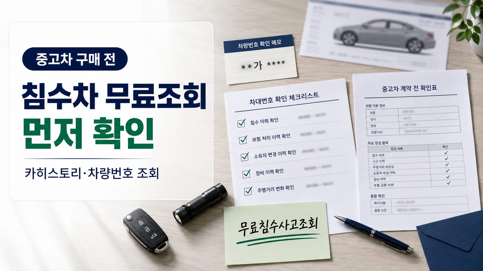 중고차 구매 전 카히스토리에서 차량번호와 차대번호로 침수차 무료조회를 확인하는 이미지