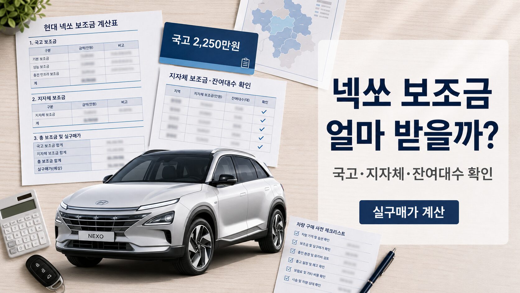 현대 넥쏘 보조금 조회를 위해 국고 2250만원과 지자체 잔여대수, 실구매가 계산표를 확인하는 이미지