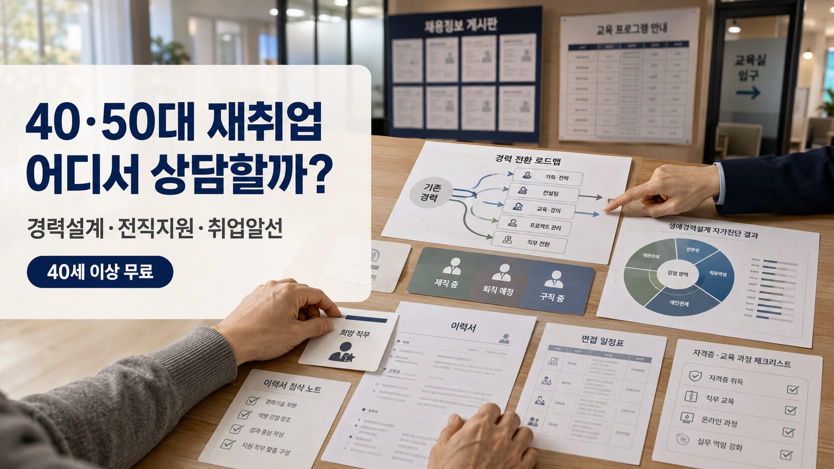 중장년내일센터 신청을 위해 40대 경력설계와 50대 재취업 상담 자료를 확인하는 이미지