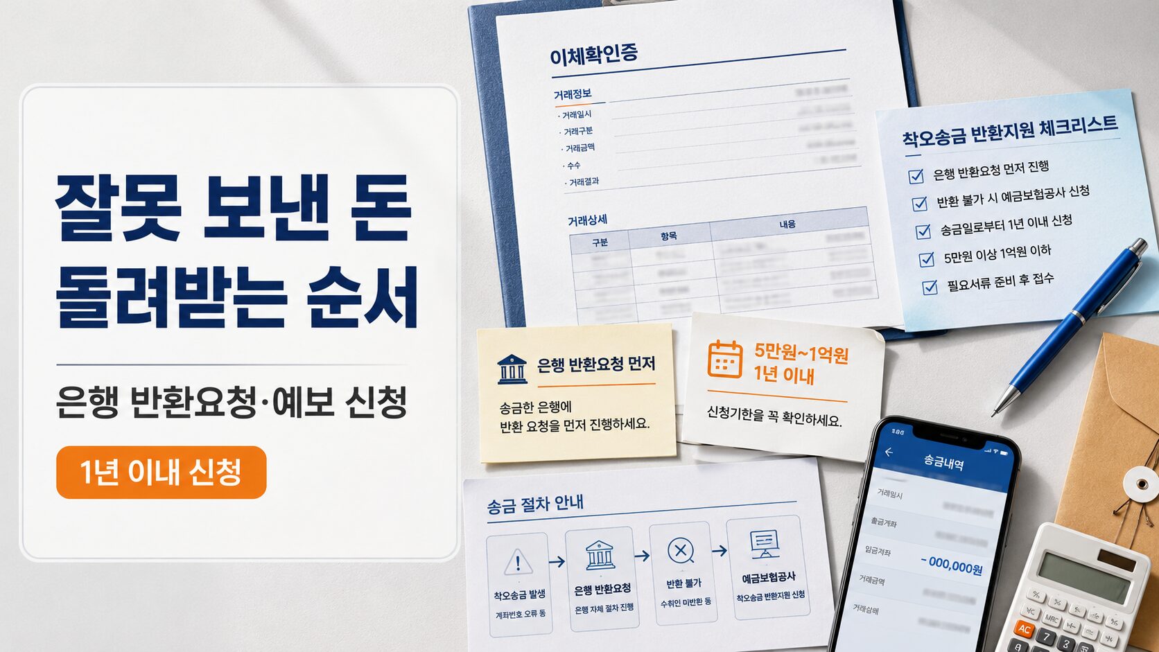 착오송금 반환지원 신청을 위해 이체확인증과 신청기한, 예금보험공사 반환지원 절차를 확인하는 이미지