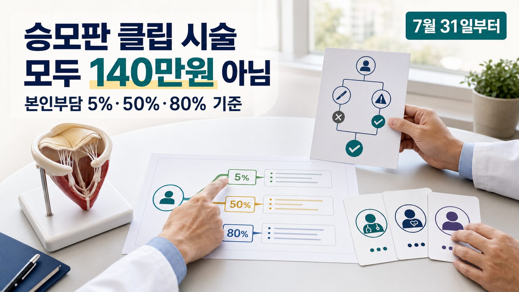승모판 폐쇄부전 클립 시술 건강보험의 본인부담 5% 50% 80% 기준과 140만원 적용 대상을 확인하는 이미지