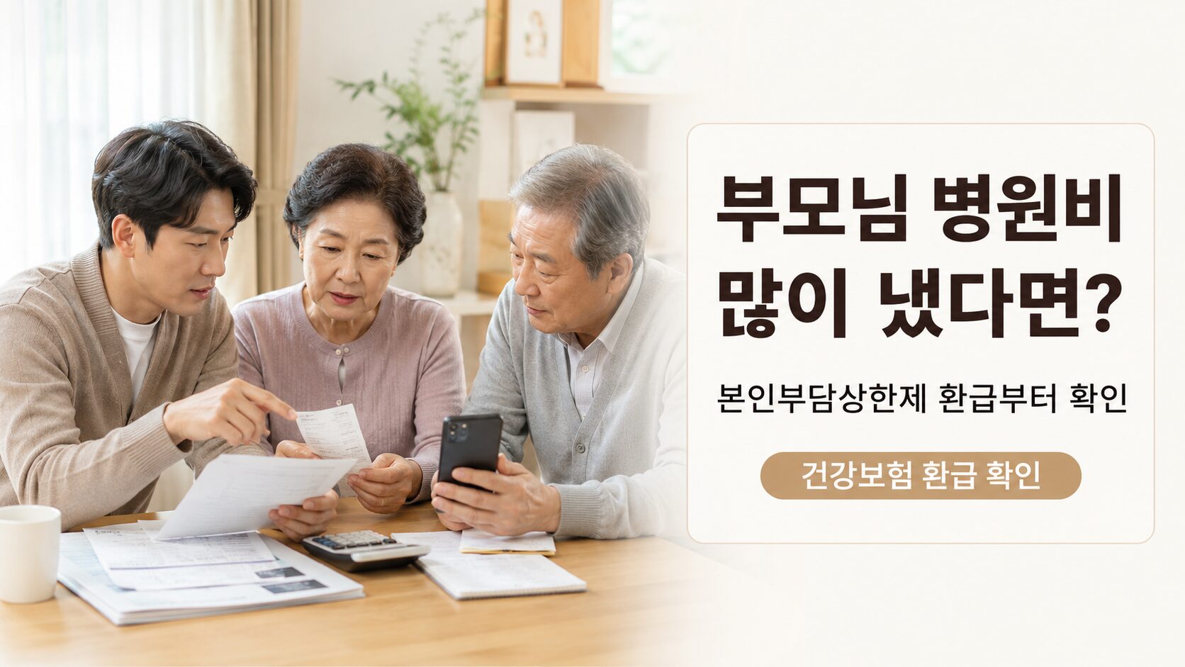부모님 병원비 영수증을 보며 본인부담상한제 환급 대상 여부를 확인하는 가족