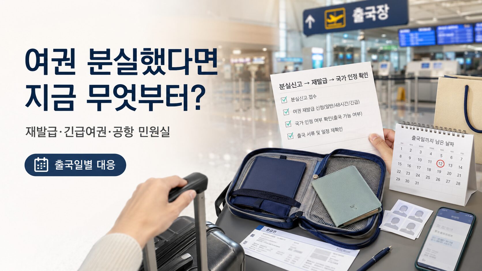 여권 분실 긴급여권 신청을 위해 분실신고와 재발급, 공항 여권민원실 이용 순서를 확인하는 이미지