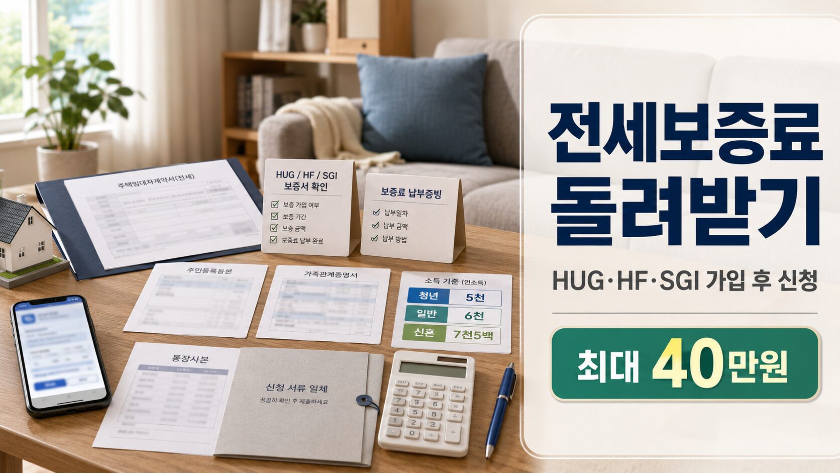 전세보증금반환보증 보증료 지원 신청을 위해 HUG HF SGI 보증서와 보증료 납부증빙, 정부24 신청서류를 확인하는 이미지