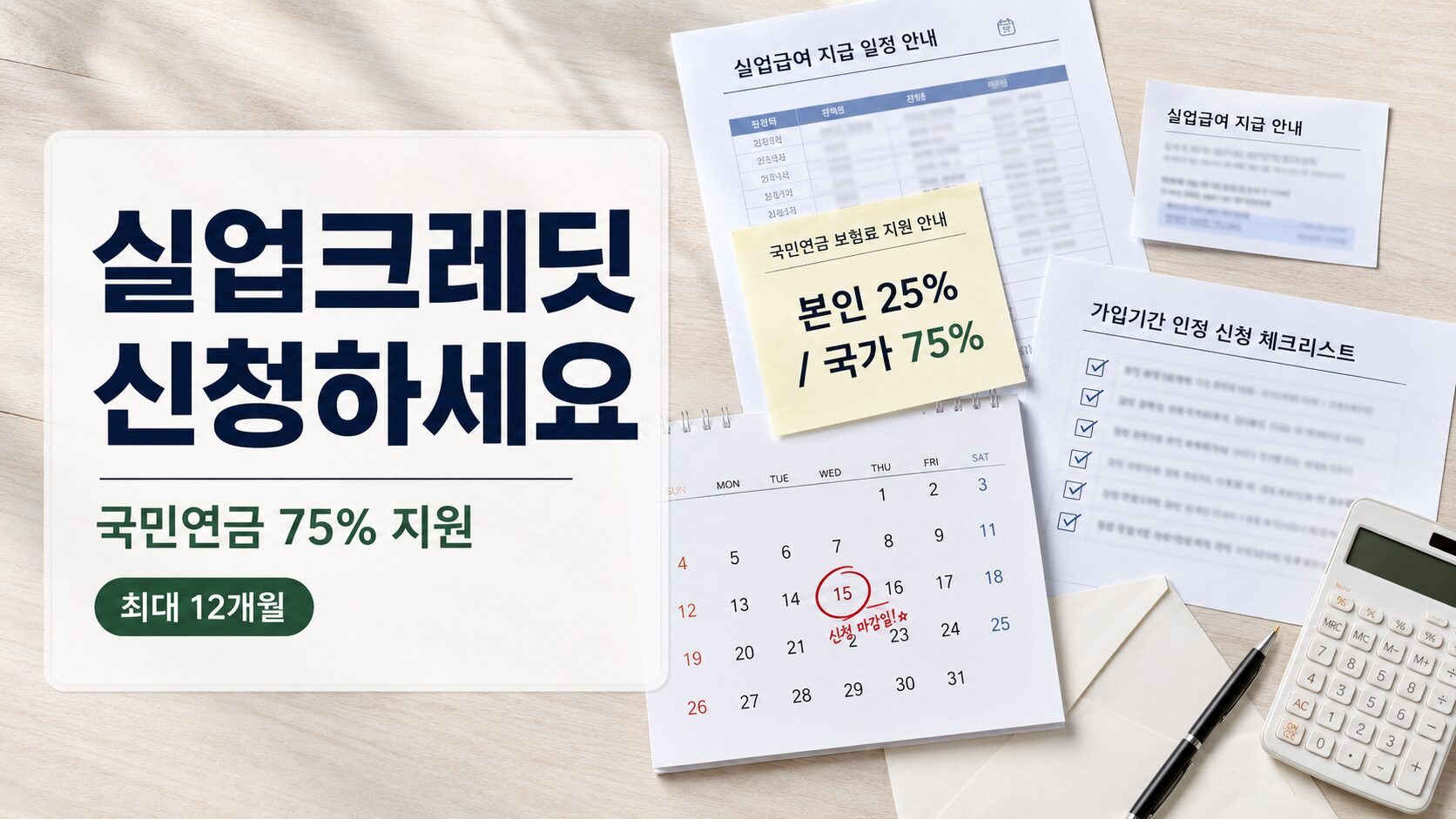 실업급여 중 국민연금 실업크레딧 신청을 위해 본인부담 25%와 국가지원 75%, 신청기한을 확인하는 이미지