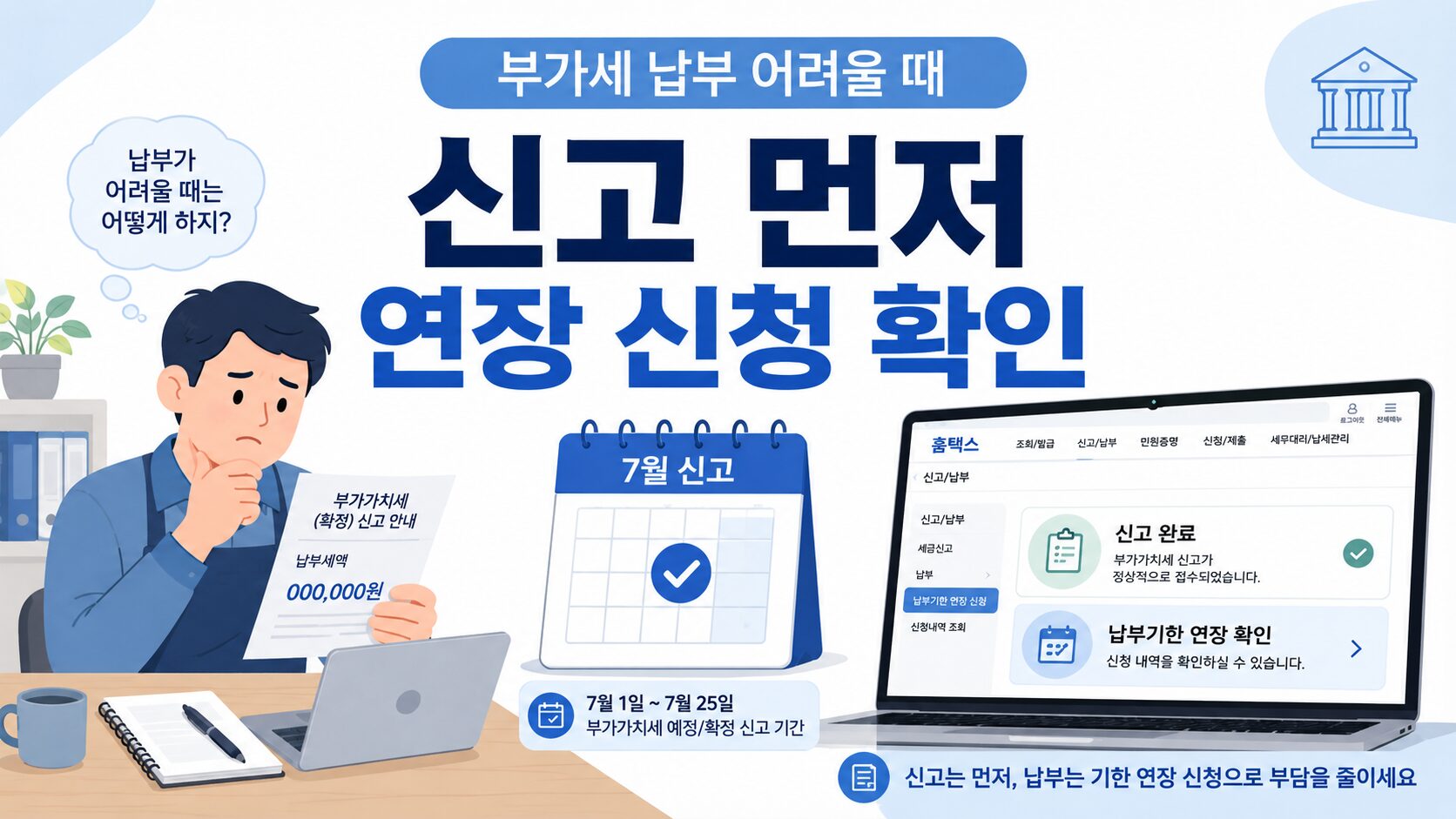 부가세 납부할 돈 없을 때 신고와 납부기한 연장 신청 순서를 확인하는 안내 이미지