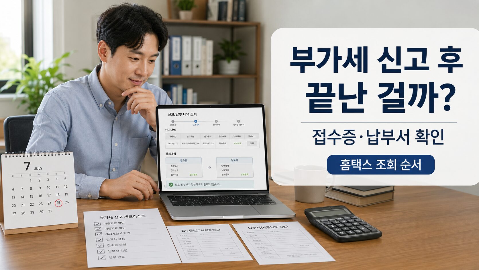 부가세 신고 후 홈택스에서 접수증과 납부서를 조회해 제출 완료 여부를 확인하는 모습