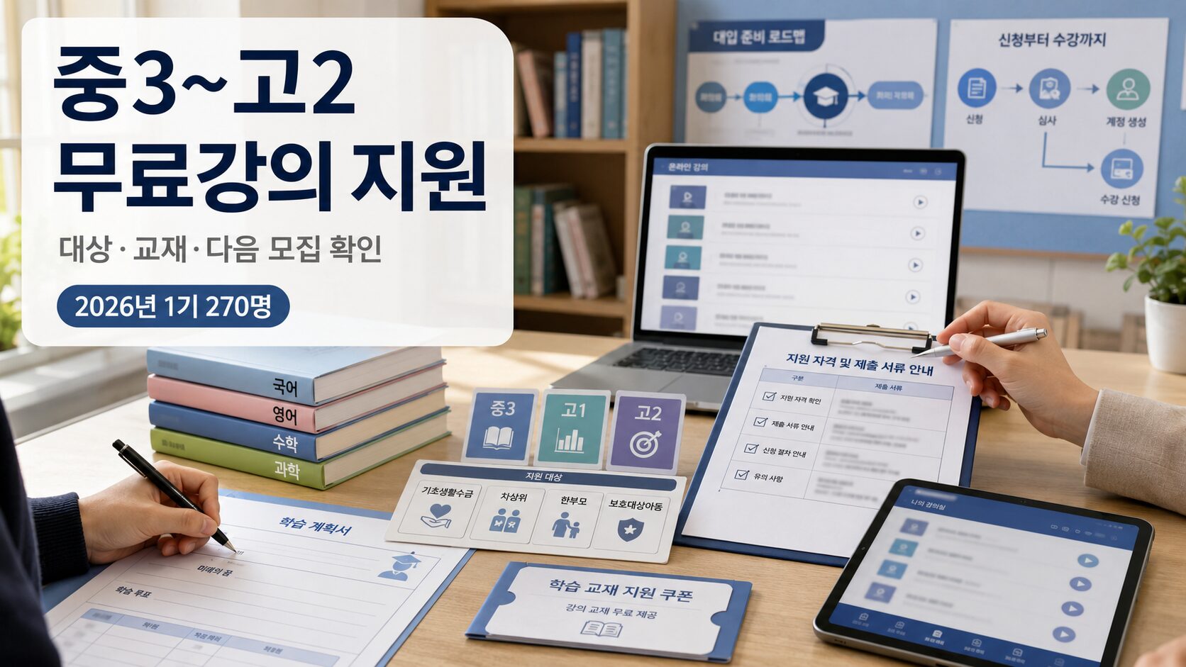 취약계층 대입진학 장학사업 지원대상과 중3 고2 무료강의 신청서류를 확인하는 이미지