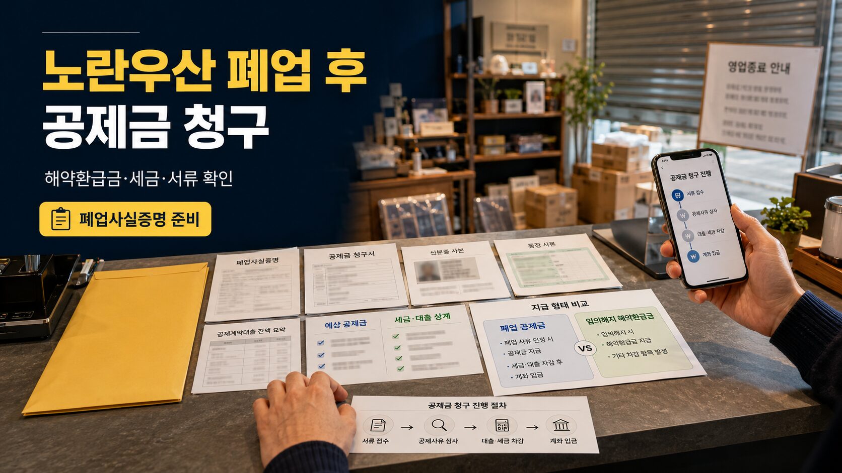 노란우산 폐업 공제금 청구를 위해 폐업사실증명과 대출상계, 세금 및 지급절차를 확인하는 이미지