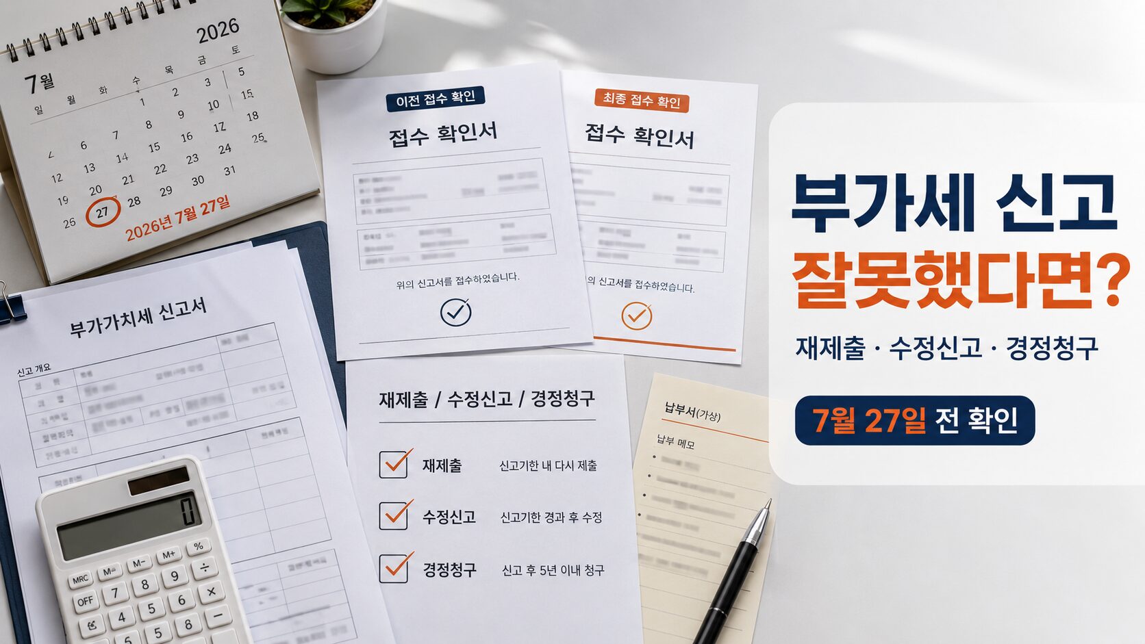 부가세 신고를 잘못했을 때 접수증과 신고서, 수정신고와 경정청구 차이를 확인하는 이미지