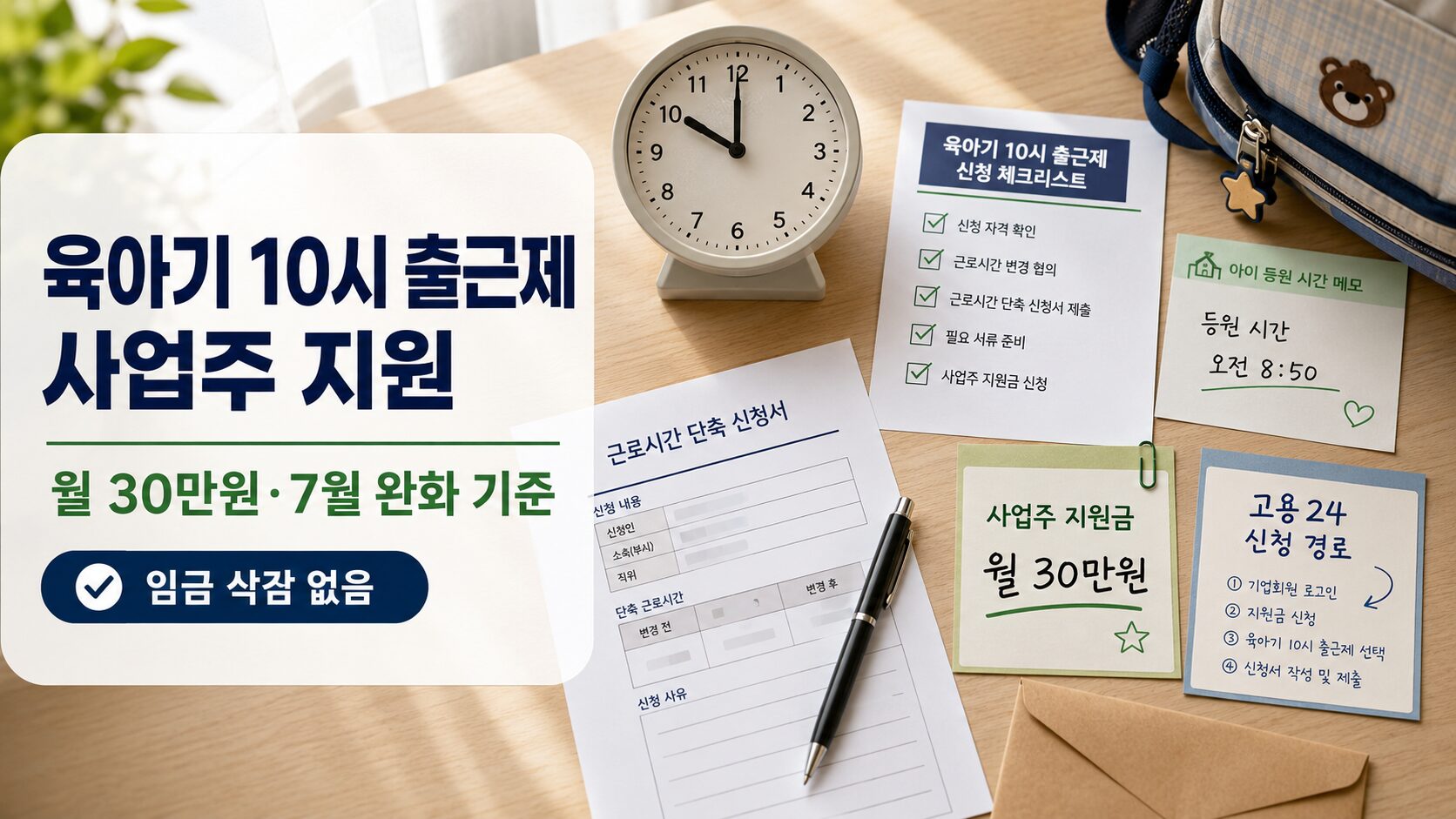 육아기 10시 출근제 신청을 위해 출근시간 조정 신청서와 사업주 지원금 체크리스트를 확인하는 이미지