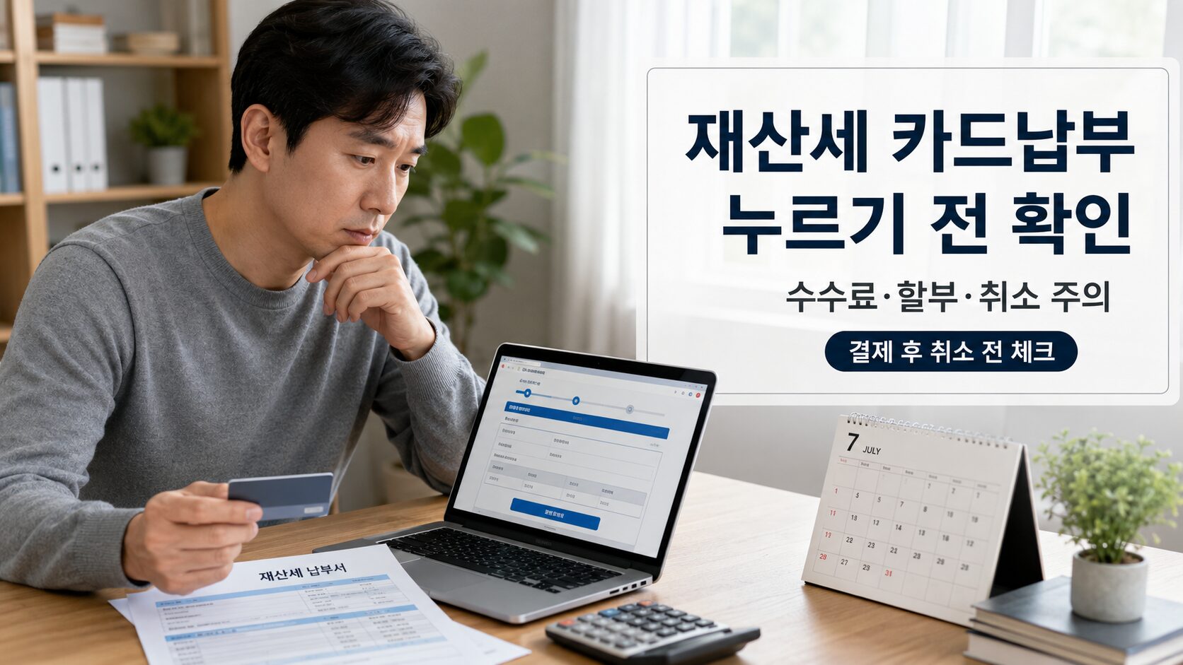 재산세 카드납부 전 수수료와 할부 가능 여부, 결제 후 취소 주의사항을 확인하는 모습