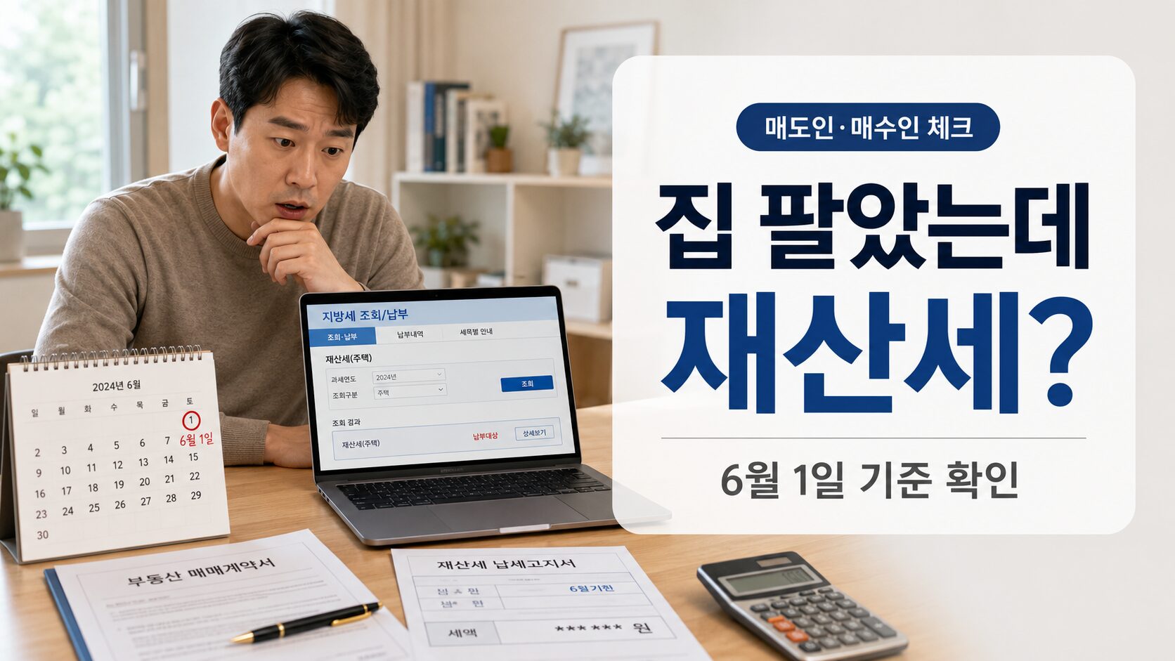 집을 팔았는데 재산세 고지서를 받은 사람이 6월 1일 과세기준일과 매도인 매수인 납부 기준을 확인하는 이미지