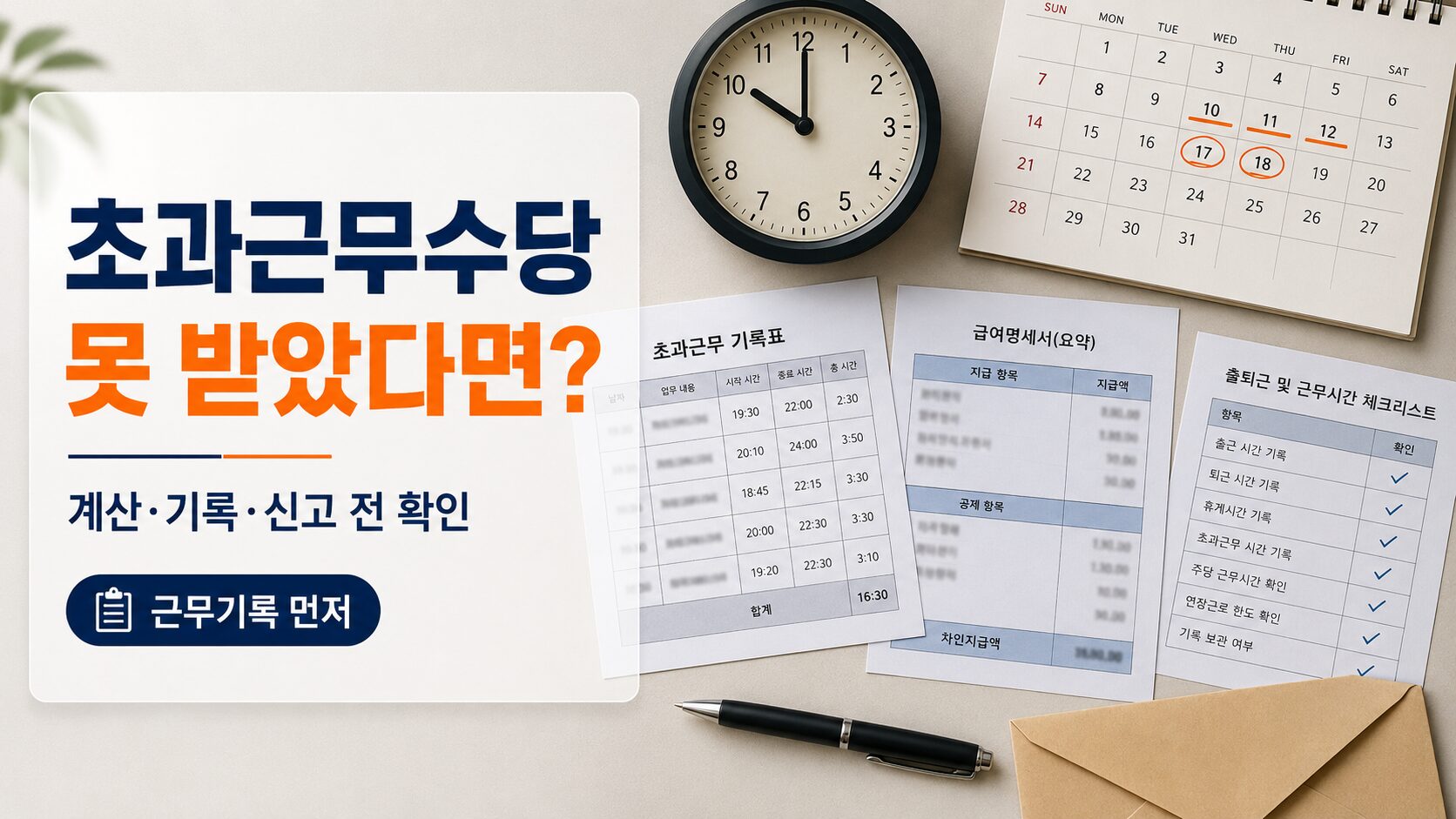 초과근무수당을 못 받았을 때 급여명세서와 근무기록, 임금체불 신고 전 준비사항을 확인하는 이미지