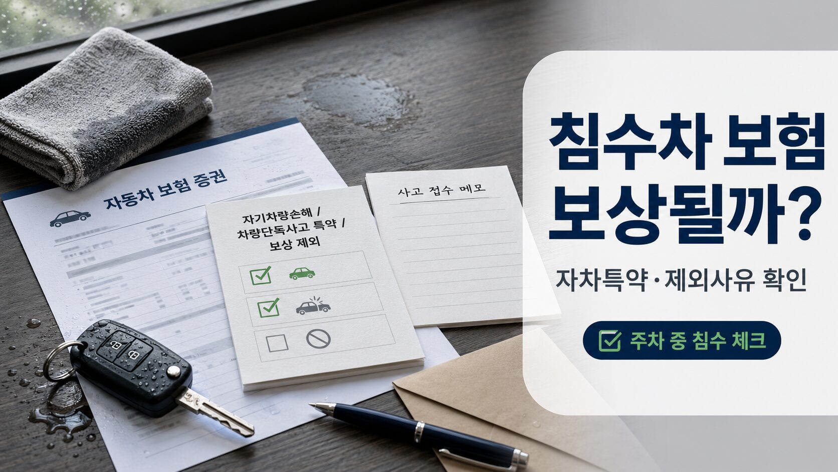 침수차 자동차보험 보상 기준을 확인하기 위해 차량 키와 보험증권, 자차담보 체크리스트를 보는 이미지