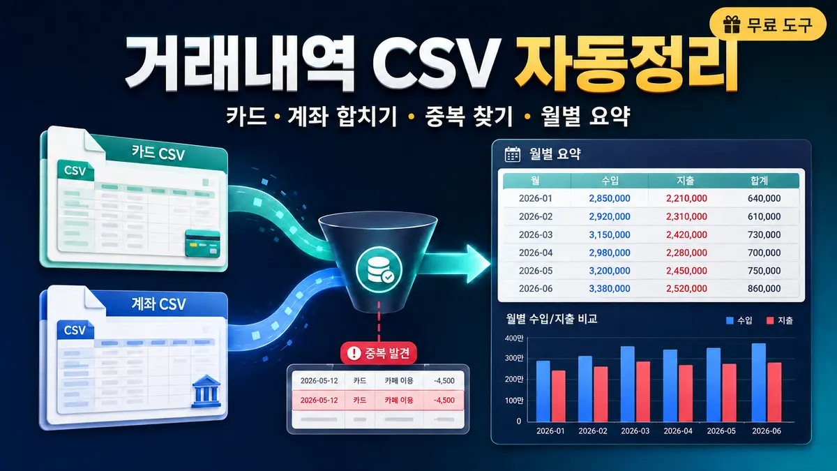 거래내역 CSV 합치기로 카드와 계좌 중복 제거와 월별 지출 요약을 만드는 무료 도구