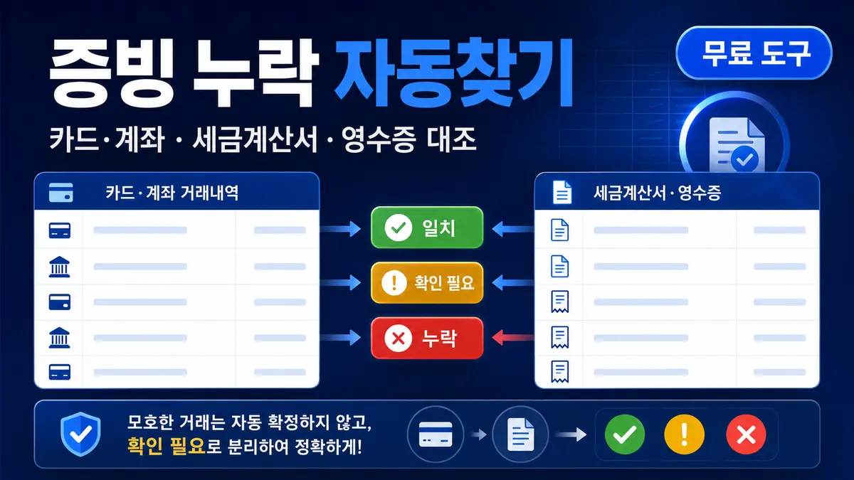 증빙 누락 찾기 도구로 카드·계좌 거래와 세금계산서·영수증을 자동대조하는 화면