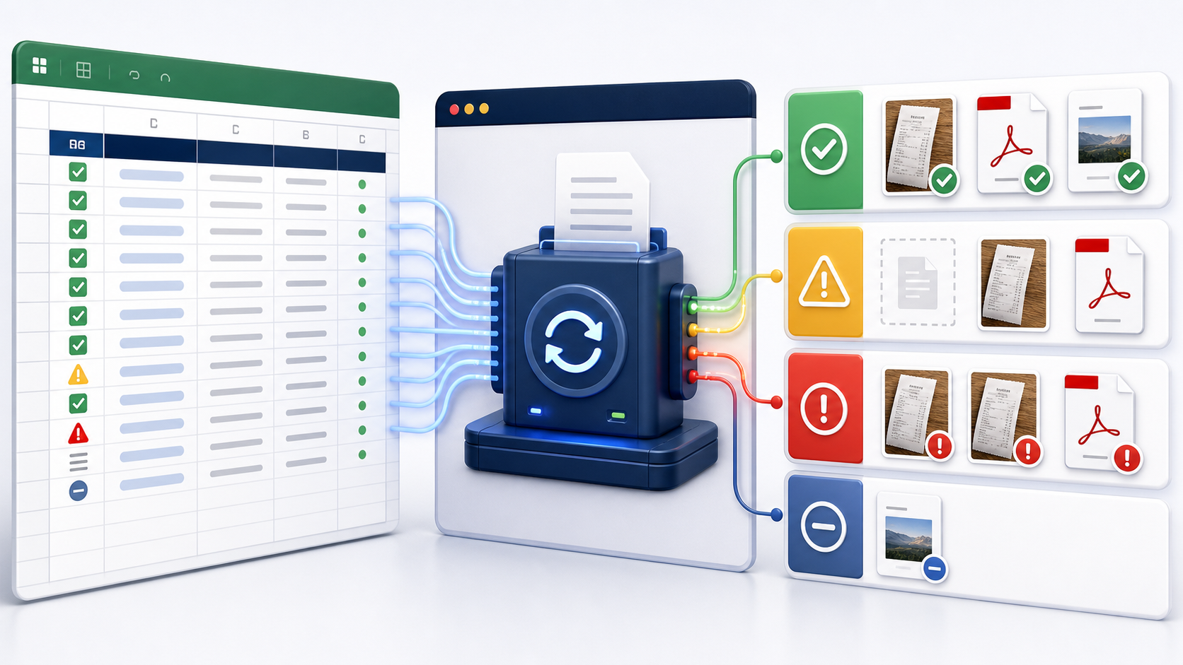 Excel 기준목록과 사진·PDF 증빙파일을 비교해 누락·중복·미등록 파일을 분류하는 흐름