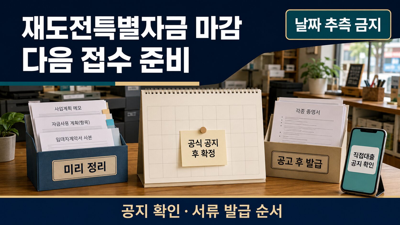 재도전특별자금 마감 후 다음 접수 공지를 확인하고 미리 정리할 자료와 공고 후 발급할 서류를 나누는 준비 순서