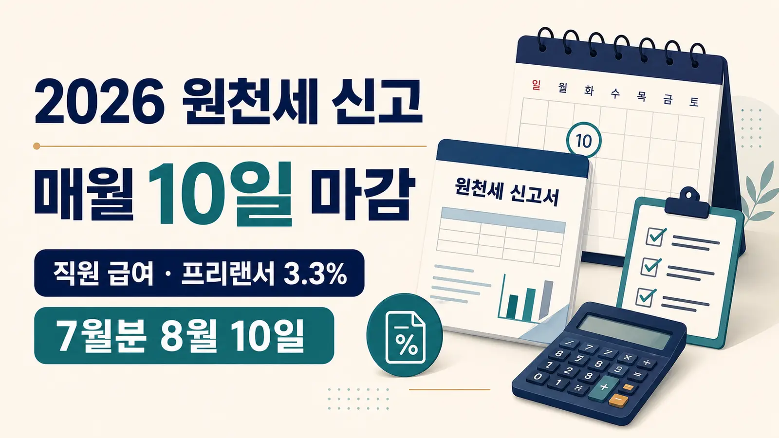 2026 원천세 신고 납부의 매월 10일 마감과 직원 급여 프리랜서 3.3% 안내