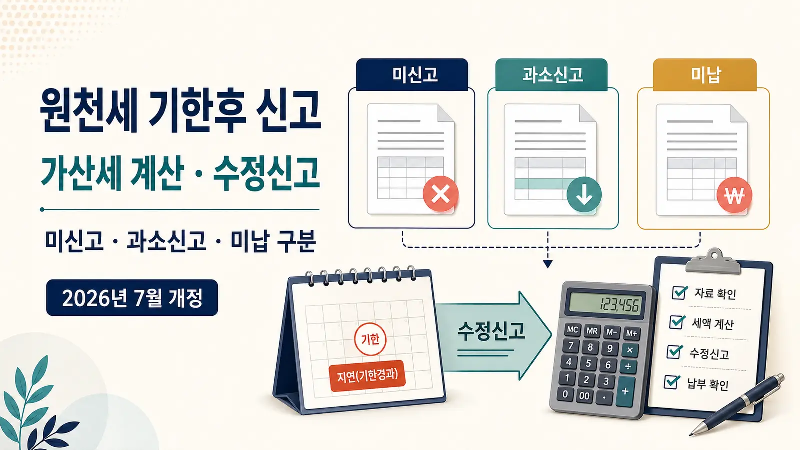 원천세 기한후 신고의 미신고 과소신고 미납 구분과 2026년 7월 가산세 개정 안내